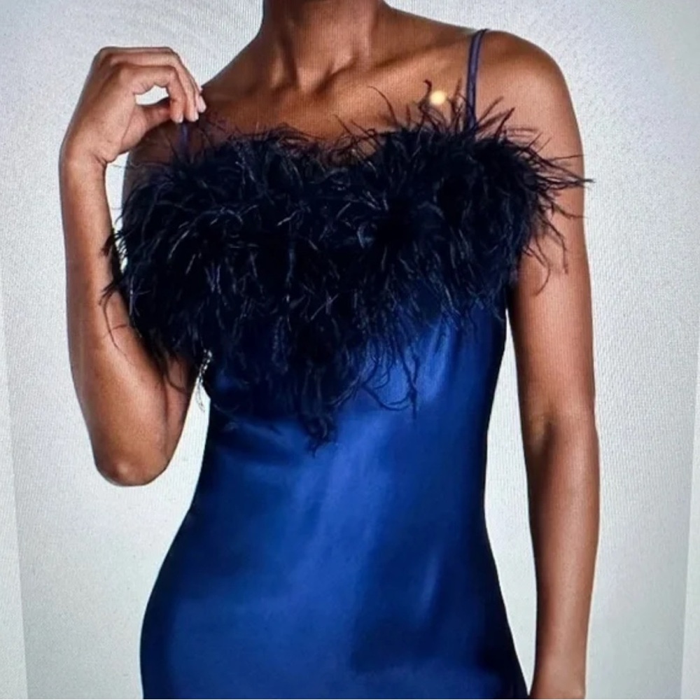 Sleeper Boheme Mini Slip Dress with Feathers Navy Womens Size Medium